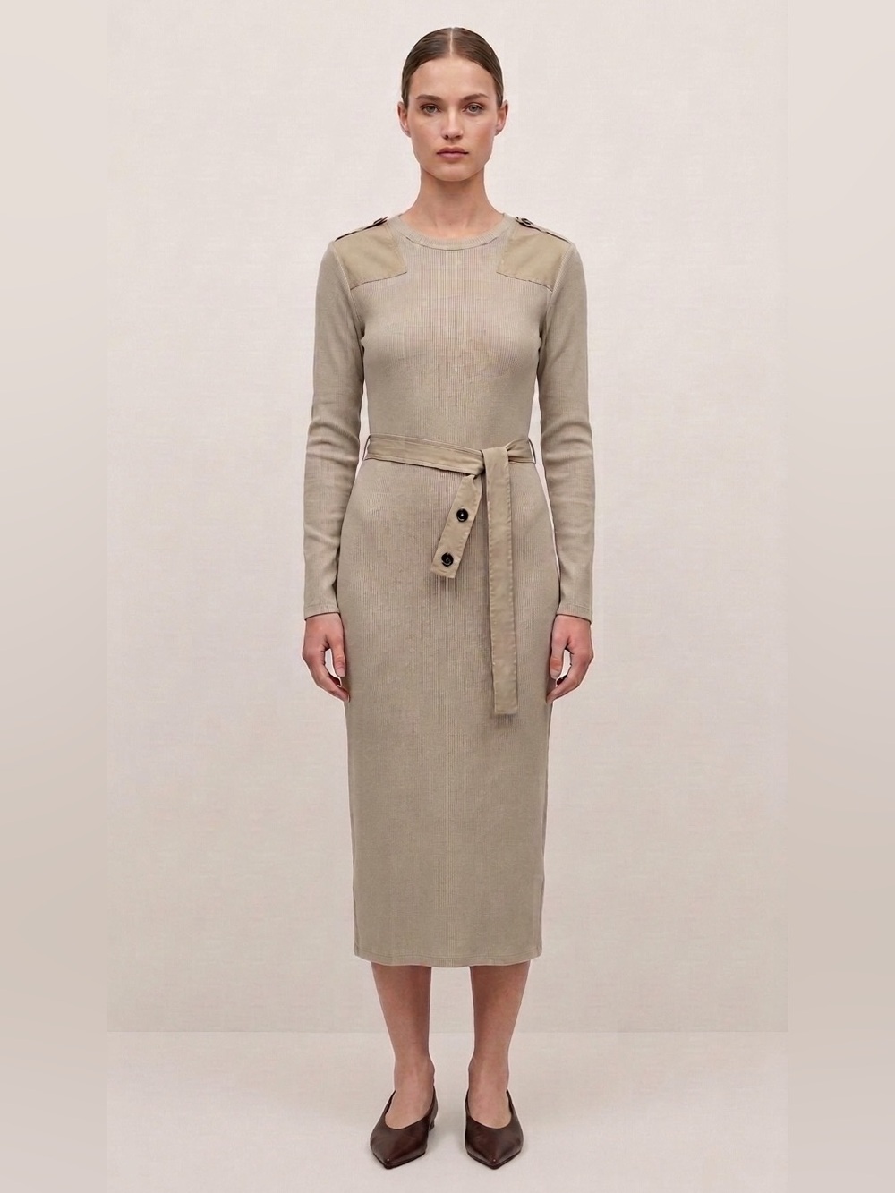 🌸 Zara Taupe Long Sleeve Belted Midi Dress